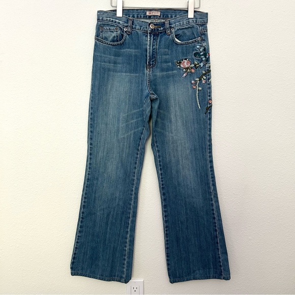 Embroidered Flare Jeans Denim Pant High Rise Floral Bird Festival Blue Size 6 - Picture 3 of 14